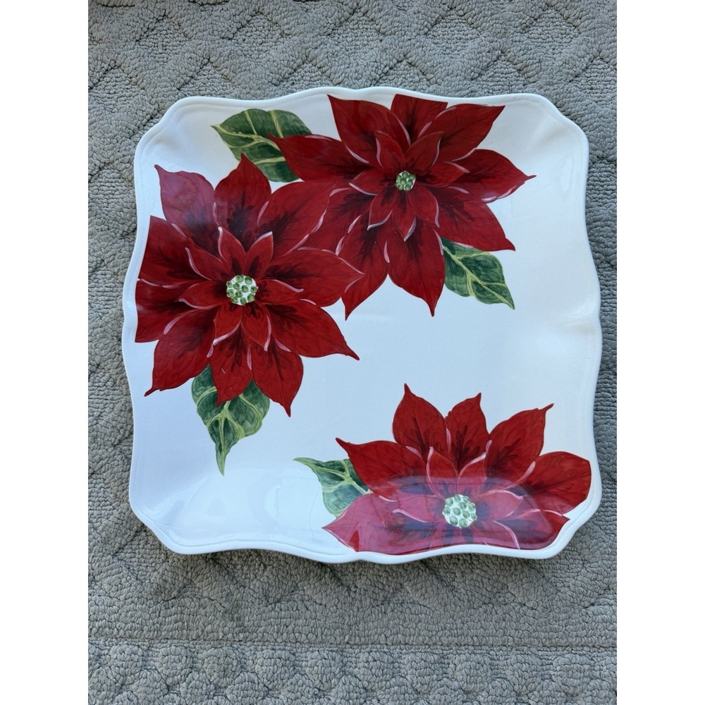 Maxcera Corp "MXE15" Red Poinsettia Square Dinner Plate/Serving Platter